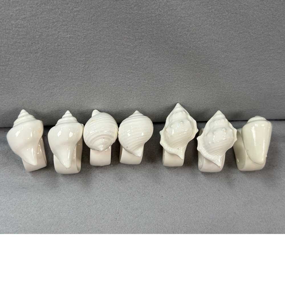 White Ceramic Seashell Napkin Rings Set of 7 Coastal Beach Table Decor